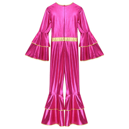 Womens 70S Disco Vintage Jumpsuit Metallic Shiny Flare Sleeve Bodysuit Hippie Bell Bottom Jazz Dance Carnival Rave Party Costume