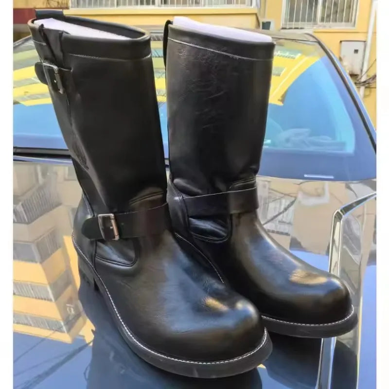 Hot Retro Men's Genuine Leather British Long Chelsae Boots Knee High Buckle Strap Riding Botas Moto Thick Heel Engineer Boots