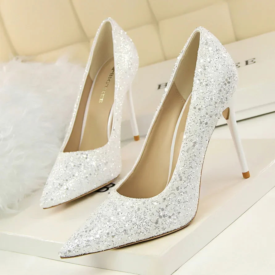 Women Luxury Bling Red  Blue Valentine Party Scarpins Pumps Lady Glitter Sequins 7cm 9.5cm High Heels Designer Shoes Plus Size