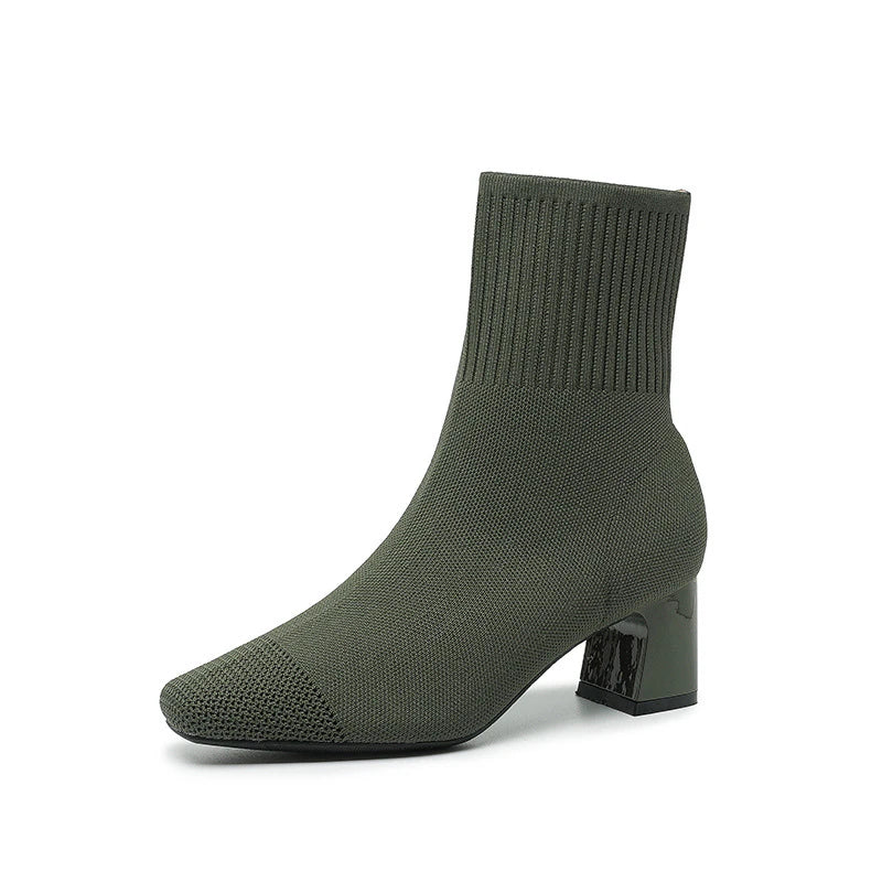 Black Square Toe Knit Sock Boots Elastic Slim Thick Block Heel High Heels Short Boots Fashion Autumn Casual Skinny Ankle Boots