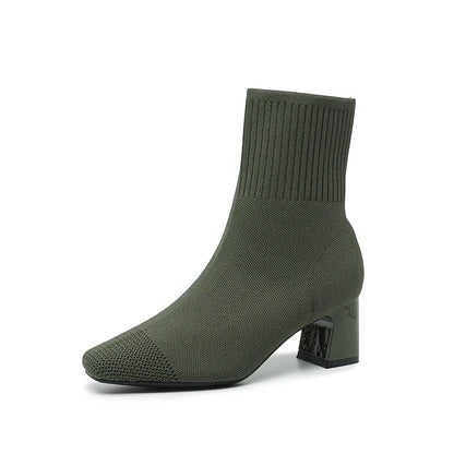 Black Square Toe Knit Sock Boots Elastic Slim Thick Block Heel High Heels Short Boots Fashion Autumn Casual Skinny Ankle Boots