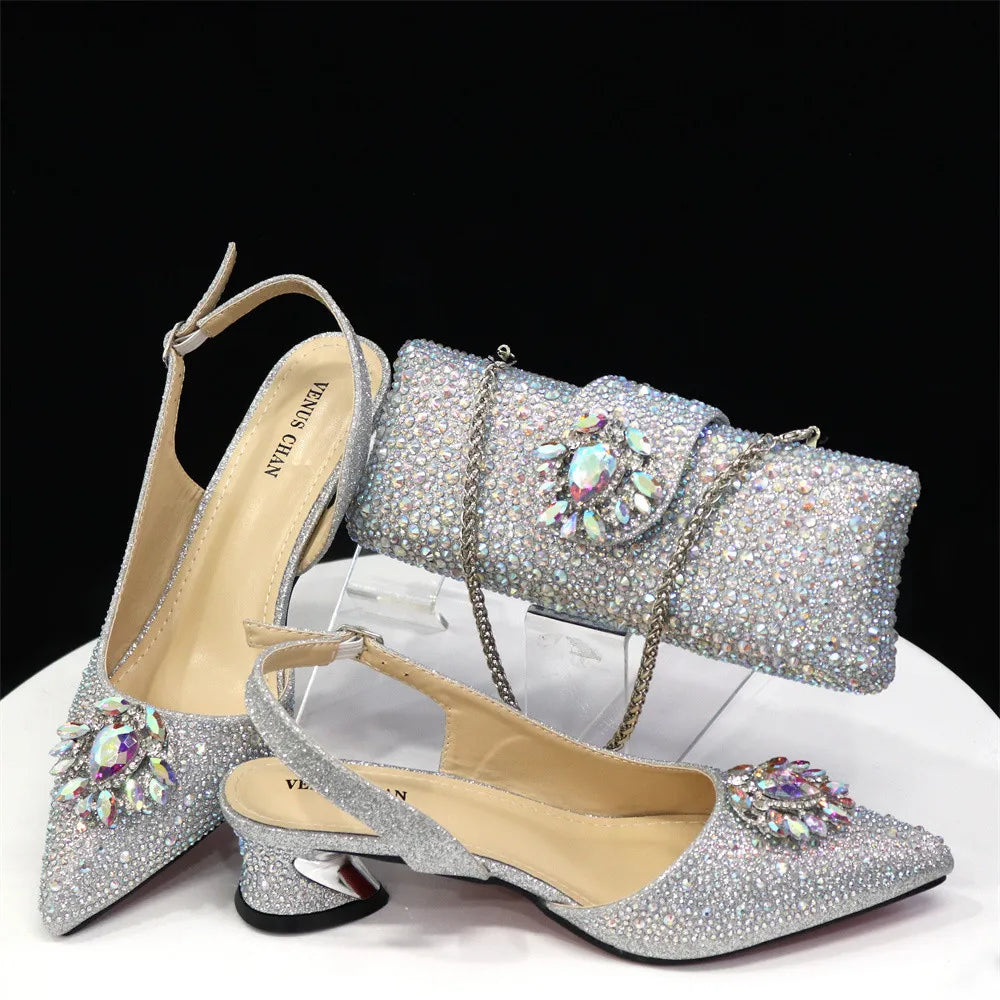 Purple 2024 Italian Design Girly Style Opend Toe Shoes And Bag Full Diamond Decoration with Appliques for Wedding Party