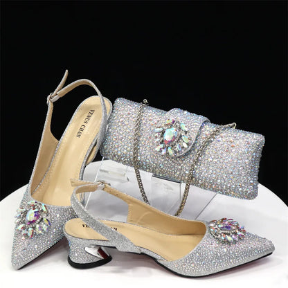 Purple 2024 Italian Design Girly Style Opend Toe Shoes And Bag Full Diamond Decoration with Appliques for Wedding Party