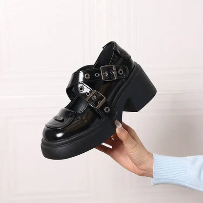 Mary Jane Shoes 2026 New Punk Metal Block Heel Platform Women's Shallow Mouth Buckle Single Shoes