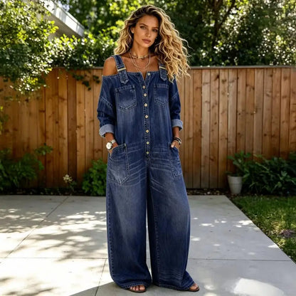 Summer Denim Jumpsuit for Women, Long Sleeve Off Shoulder Loose Bib Overall, Button Down Wide Leg Jeans Romper with Pockets
