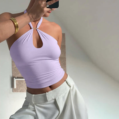 Hugcitar Women Fashion Halter Solid Loop Backless Bandage Sexy Crop Tank Top 2025 Summer Casual Clothes Streetwear Vacation Club