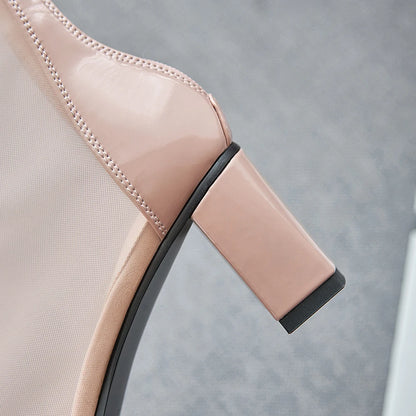 Sexy Air Mesh Zipper Female Boottes Summer Ponited Toe Ankle Boots Patchwork High Heesl Fashion Women Shoes Big Size 32-46
