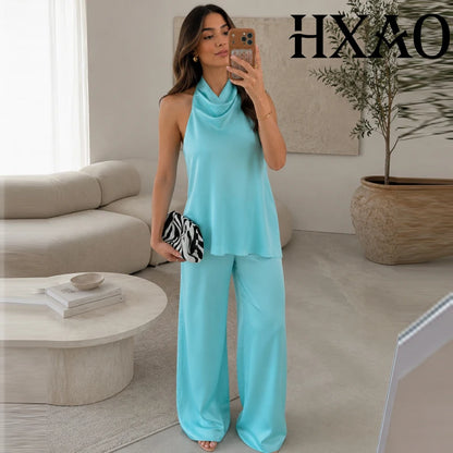 HXAO Satin Women's Jumpsuit Asymmetric Halter Wide Leg Pants Jumpsuits For Women Summer Backless One Piece Long Jumpsuit