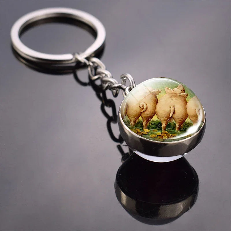 Animals Cute Keychain Cat Dog Bear Peacock Rabbit Squirrel Phoenix Double Side Glass Ball Pendant Keyring Jewelry Key Chain Gift
