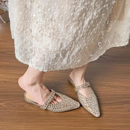 Luxury Rhinestone Pointed Toe Slippers for Women Sexy Backless Flats Mules Sandals Elegant Party Dress Mary Jane Shoes Ladies