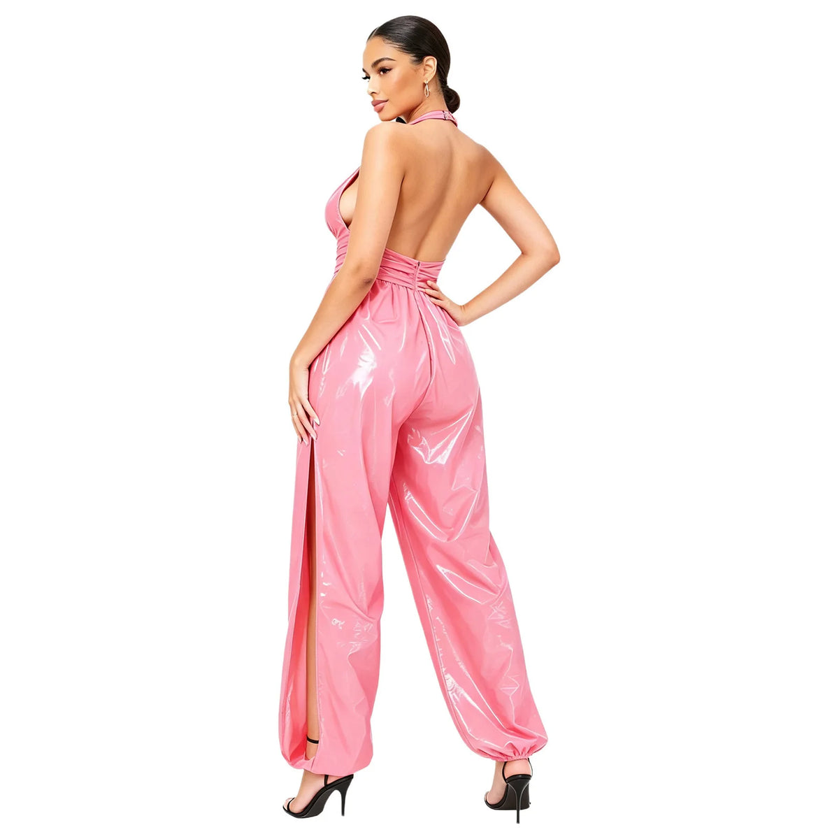 Womens Halter Deep V Neck Backless Jumpsuit Waterproof Ruched Waist Back Zipper Side Split Rompers for Rave Dance Club Party