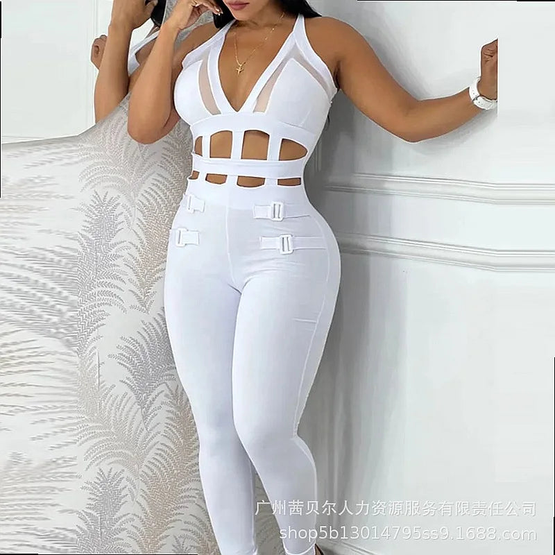 Sexy White Hollow Out Tie Neck Bodysuit Jumpsuit Bodycon Overall Playsuit Spring Summer
