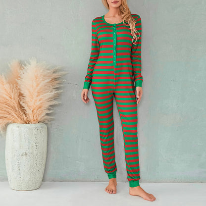 Christmas Women Sexy Bodycon Pajamas Rompers Striped Print Long Sleeve Button O Neck Jumpsuits Playsuits Sleepwear Loungewear