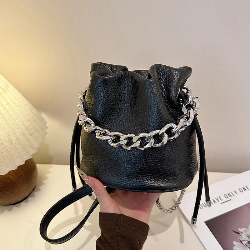 100% Genuine Leather Women Shoulder Crossbody Bags High Quality Solid Color Cow Leather Bucket Handbag Luxury Female Sac