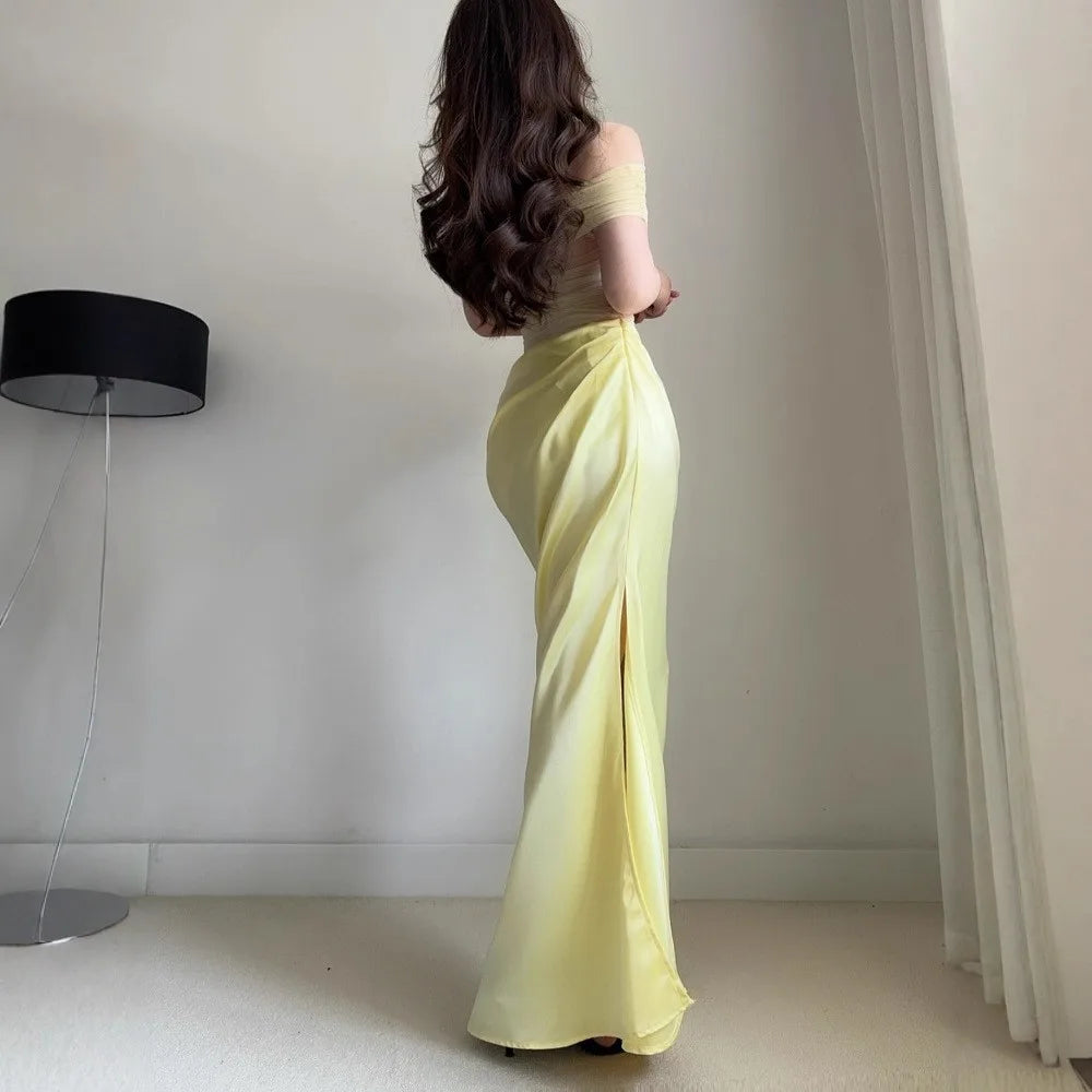 MsChuh Summer Party Dresses For Woman One-shoulder Long Evening Dress Sexy Holiday French Vestidos Solid Color Temperament Slim