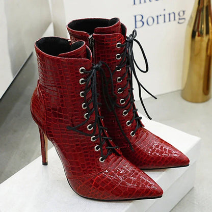 Sexy Ankle Cowboy Boots For Women Dance Shoes Fashion Snake Red White Black High Heels Lace Up Short Boot Autumn Large Size