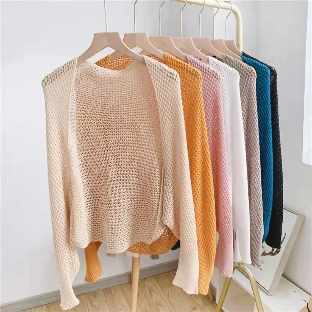 Womens Fashion Hollow Ice Silk Shawl Simple Elegant Thin Outerwear Coat Luxury Long Sleeve Smock Top