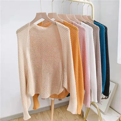 Womens Fashion Hollow Ice Silk Shawl Simple Elegant Thin Outerwear Coat Luxury Long Sleeve Smock Top