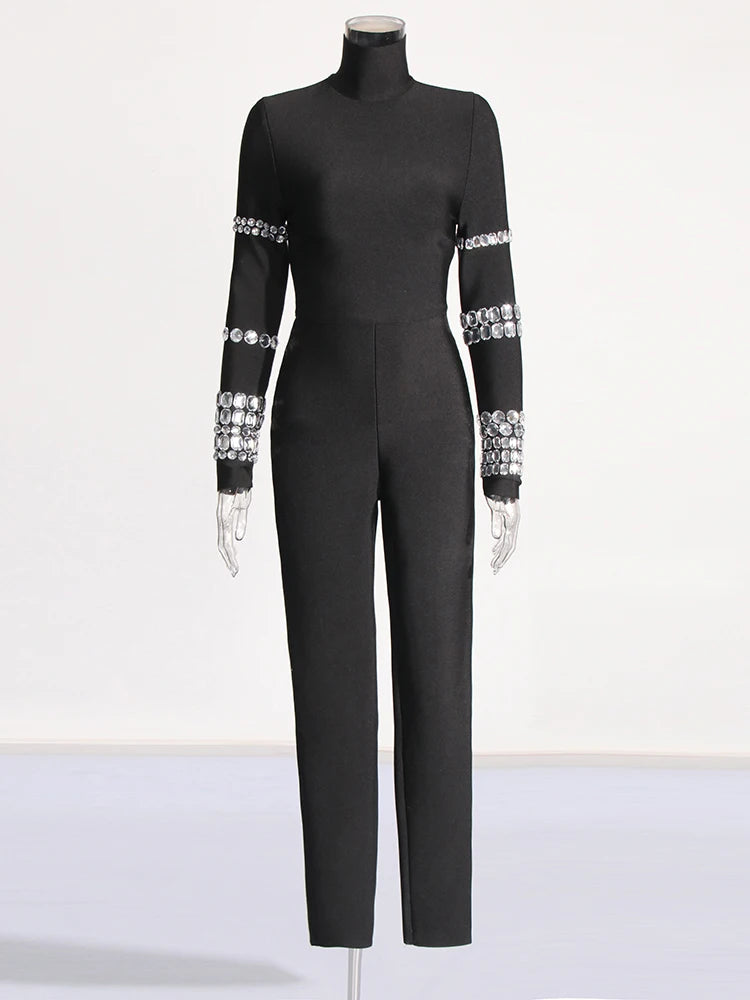 TWOTWINSTYLE Patchwork Diamonds Slimming Jumpsuit For Women Turtleneck Long Sleeve High Waist Chic Jumpsuits Female Fashion New