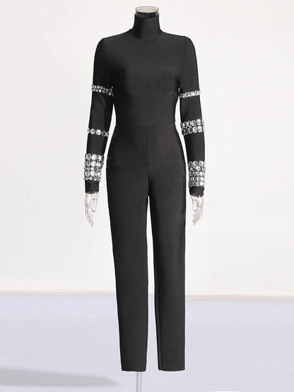 TWOTWINSTYLE Patchwork Diamonds Slimming Jumpsuit For Women Turtleneck Long Sleeve High Waist Chic Jumpsuits Female Fashion New