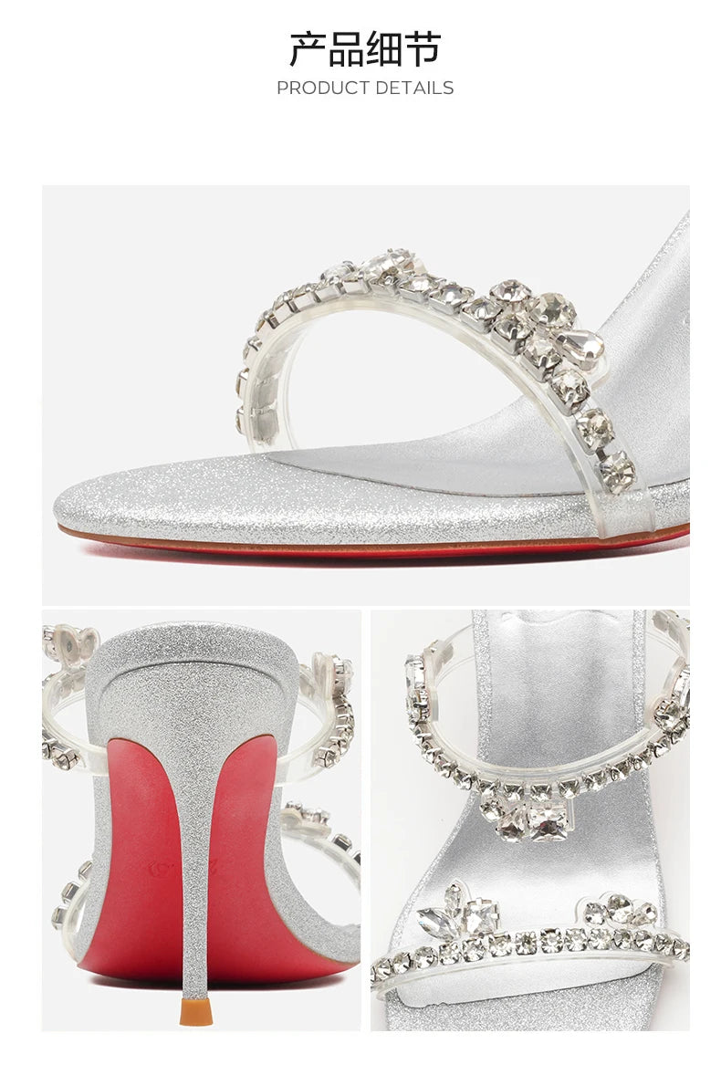 Rhinestone Heeled Sandals Red Shiny Bottoms Luxury Brand Hollow 2027 Elegant High Heels Sexy Slingbacks Ladies Shoes Women Shoes