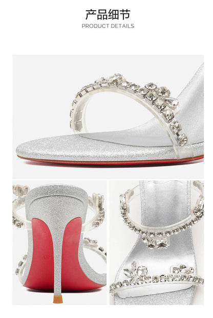 Rhinestone Heeled Sandals Red Shiny Bottoms Luxury Brand Hollow 2027 Elegant High Heels Sexy Slingbacks Ladies Shoes Women Shoes