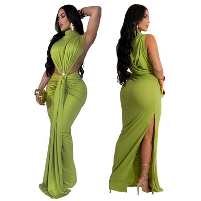 CM.YAYA Women O-neck High Split Ruched Stacked Bodycon Midi Maxi Dress 2024 Evening Party Club Vestidos Sexy Chic Long Dresses