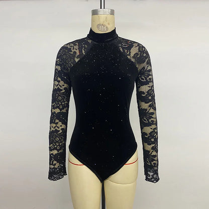 Benuynffy Mock Neck Long Sleeve Lace Body Top Women's Autumn 2025 Sexy Party Elegant Glitter Velvet Stretch Slim Female Bodysuit