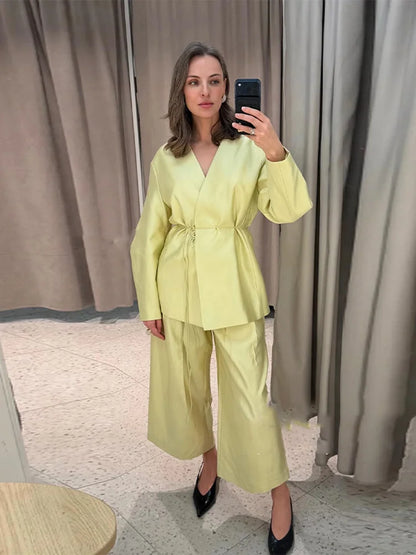 Elegant Women's Lace Up Shirt Pant Sets 2026 Summer V-neck Long Sleeve Top High Waist Loose Wide Leg Pant Two Piece Set Women