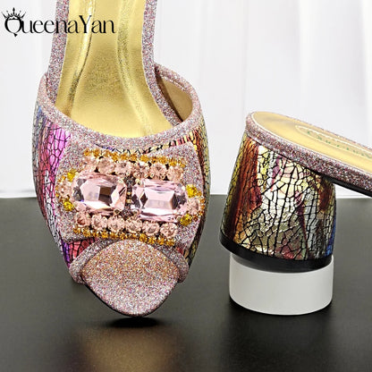 Hot Selling Fashion Mature  Brushed Style Rainbow Color Rhinestone Decoration Design Party Wedding Lady High Heels and Bag Set