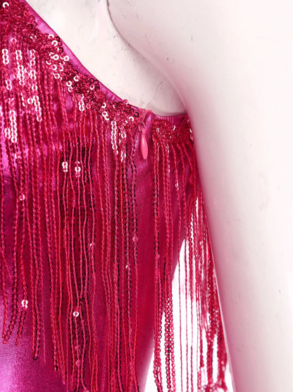 Womens 70s 80s Hippie Costume Disco Jazz Dance Jumpsuit Sequin Tassel One Shoulder Metallic Shiny Bell Bottom Rompers Clubwear