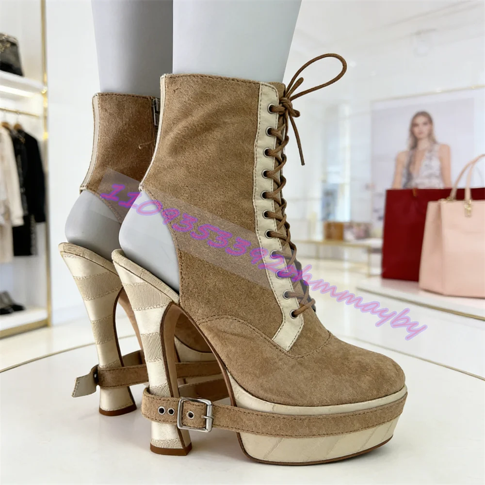 Khaki Faux Suede Platform Ankle Boots Round Toe Front Lace Up Back Cutout Buckle Strap High Heel Vintage Fashion Party Booties