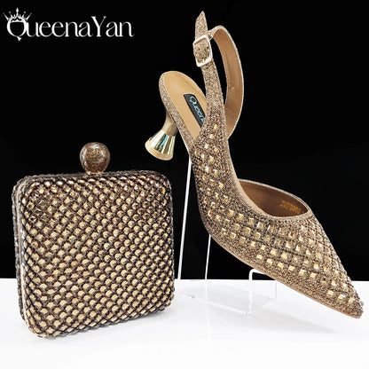 Queena Yan 2026 Italian Design Rhinestone Luxury Navy Blue Pointed Toe Shoe & Bag Set Women High Heels for Parties High Quality