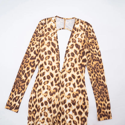 Leopard Print Jumpsuits Woman Deep V-Neck Cleavage Backless Full Sleeve Skinny Peach Hip Hot Girls Street Sexy Overalls