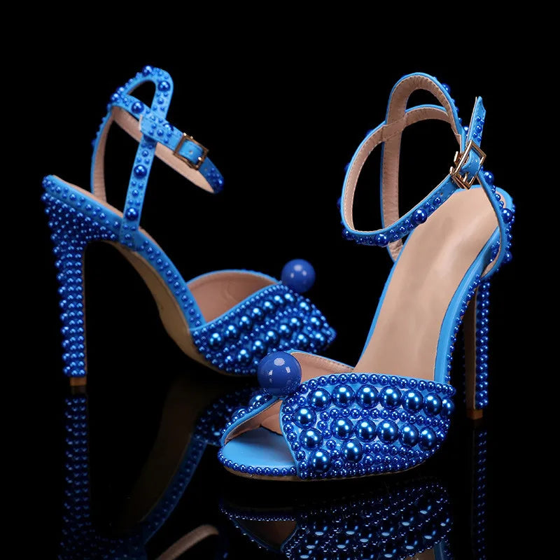 Luxury Handmade Pearl Peep Toe Women Sandals Fashion Summer Wedding Princess Thin High heels Elegant Party Prom Bridal Shoes