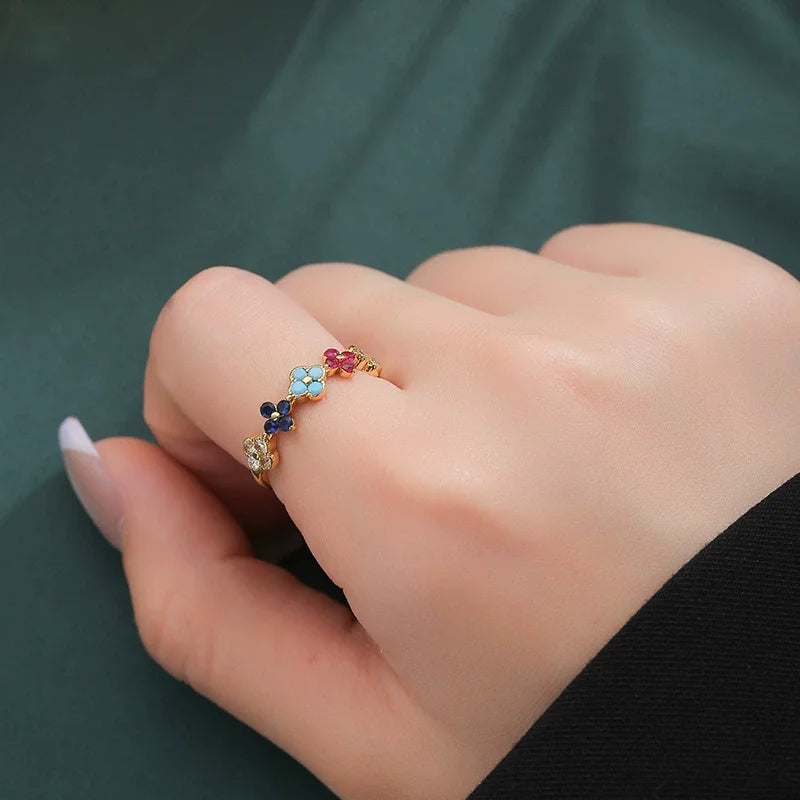 925 Sterling Silver Colorful Four-Leaf Petal Ring for Women Light Luxury, High-End, Trendy Fashion Fine Jewelry Gifts