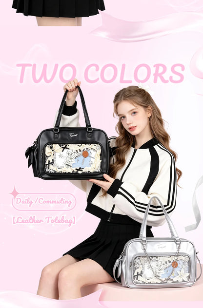 TINYAT PU Y2K Ita Bag Tote Lolita Girl Clear Window Display Message Bag Large Capacity Daily Commuting Handbag for Women School