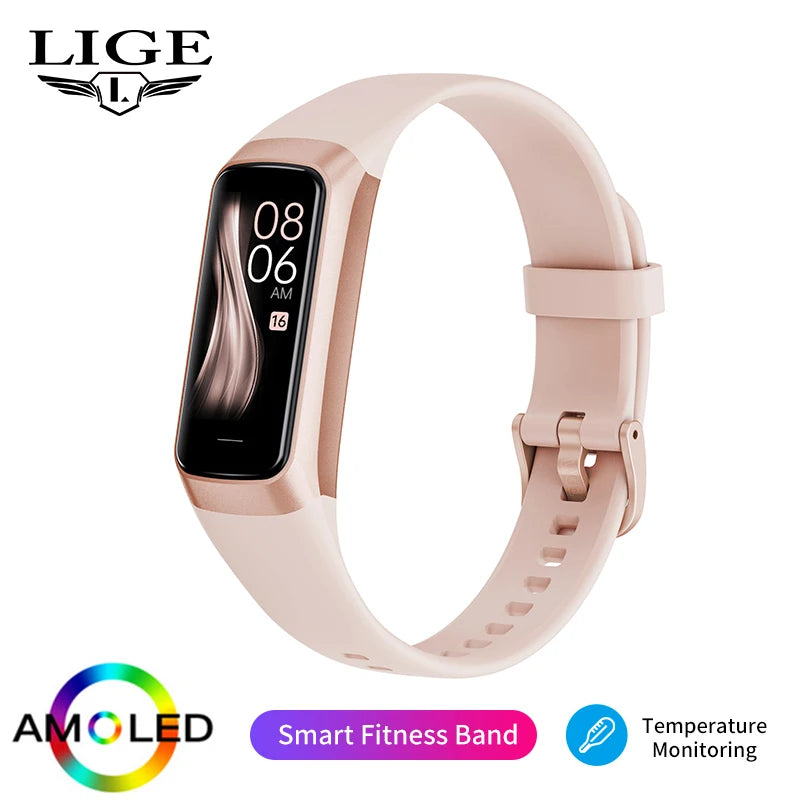 LIGE 1.1 Inch Amoled Heart Rate Monitor Smart Bracelet Wristband Slim Smart Watch Men Women Waterproof  Fitness Tracker Band