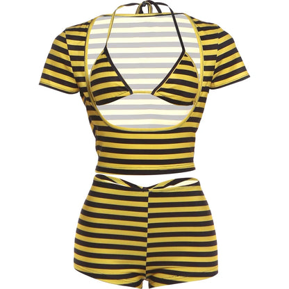 Weird Puss Stripe Patchwork 3 Piece Set Woman Lace-Up Halter Bra Tops+Low-Neck Short Sleeve T-Shirt+Mini Shorts Sexy Bikini Suit