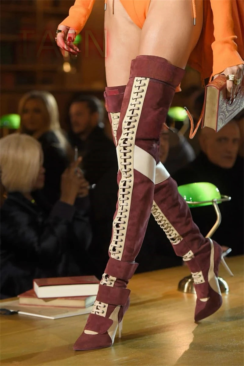 Women Patchwork Suede Leather Thigh High Boots Stiletto Heel Over Knee Boots Belt Slim Long High Heels Club Dress Party Shoes