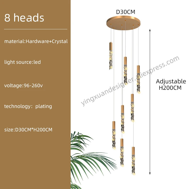 Crystal Staircase Pendant Lamp Modern Gold Lighting Fixture Ceiling Hang Pendant Light Luster Indoor Villa Loft Stair Chandelier