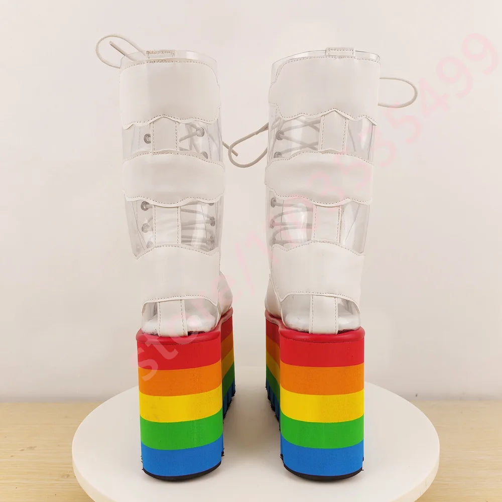 Rainbow Thick Sole Clear Pvc Short Boots 2025 New Round Wedge Heel Street Punk Cross-Lace Stage Boots Fashion Party Casual Boots