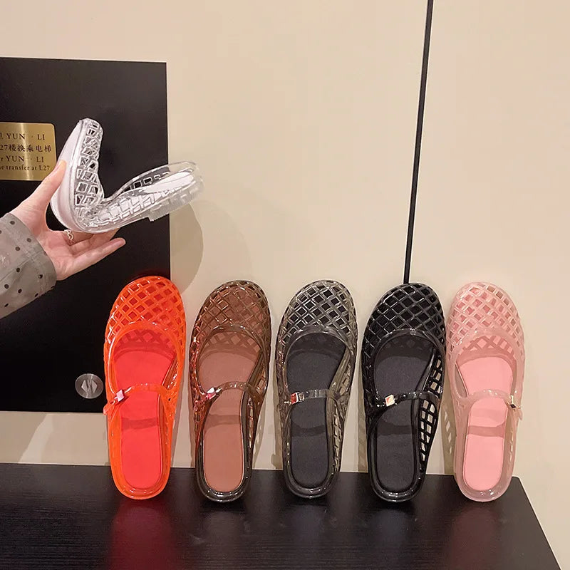 Women's Light Luxury Crystal Jelly Mary Jane Flat Sandals Hollow-out Breathable Closed Toe Summer Casual Non-slip Slip-on Shoes