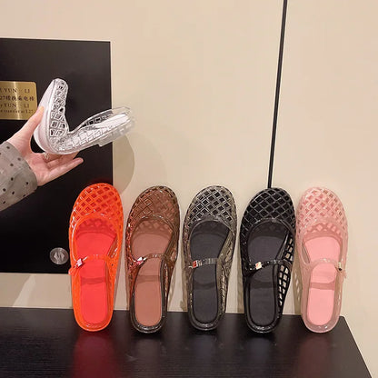 Women's Light Luxury Crystal Jelly Mary Jane Flat Sandals Hollow-out Breathable Closed Toe Summer Casual Non-slip Slip-on Shoes