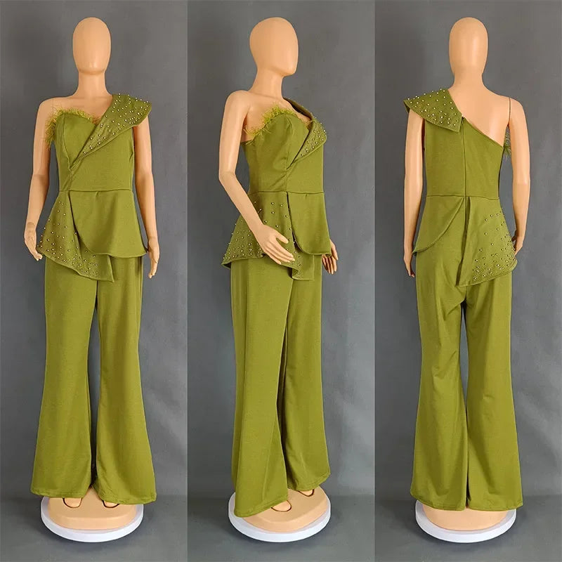 Women Jumpsuit One Shoulder Feather Diamond Peplum Party Fashion Female One Piece African Event Occasion Rompers New Summer 2024