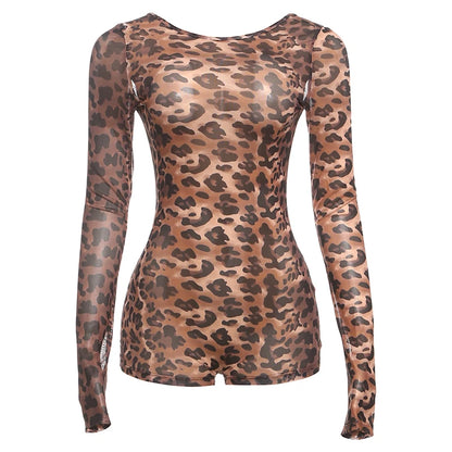Weird Puss Sexy Backless Romper Women Leopard Print Spring Trend O-Neck Full Sleeve Skinny Stretch Hottie Wild Midnight Clubwear