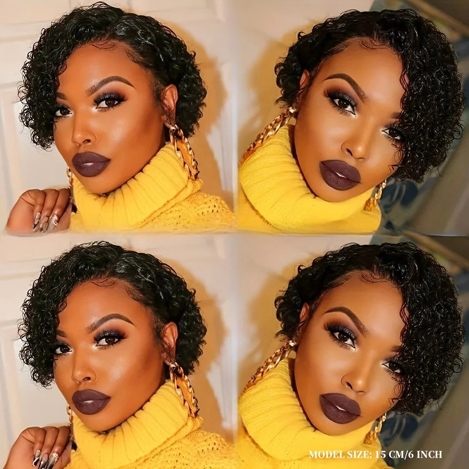 Short Curly 13x1 Lace Curly Pixie Cut Wig 180% Density Human Hair Lace Front Bob Wigs for Women Natural Color Pre Plucked 6 Inch
