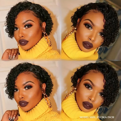 Short Curly 13x1 Lace Curly Pixie Cut Wig 180% Density Human Hair Lace Front Bob Wigs for Women Natural Color Pre Plucked 6 Inch