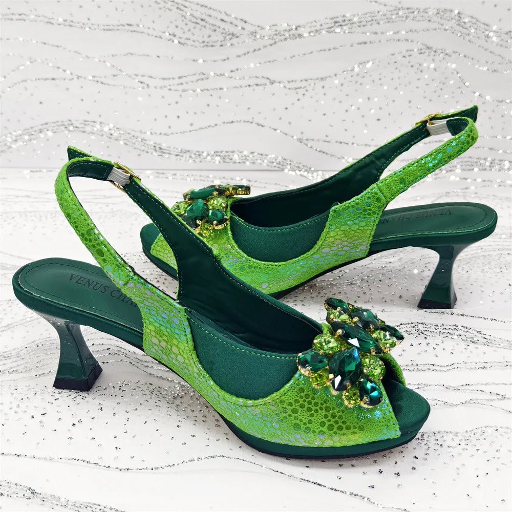 Elegant Orange Color 2025 Rhinestone High-Heels Shoes & Handbag Set – Luxury Wedding & Party Accessories