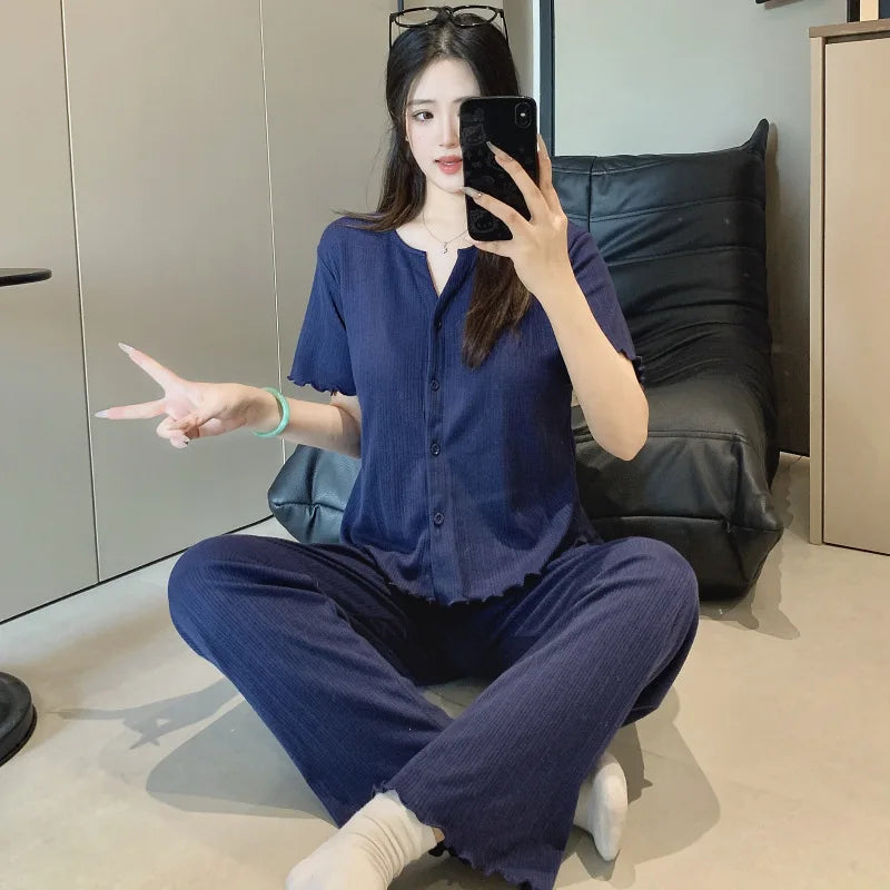 Cotton Fabric Floral Cardigan Printed Pajamas for Women Short-Sleeved Top and Long Pants Sleepwear Homewear Set Ladies Nightwear